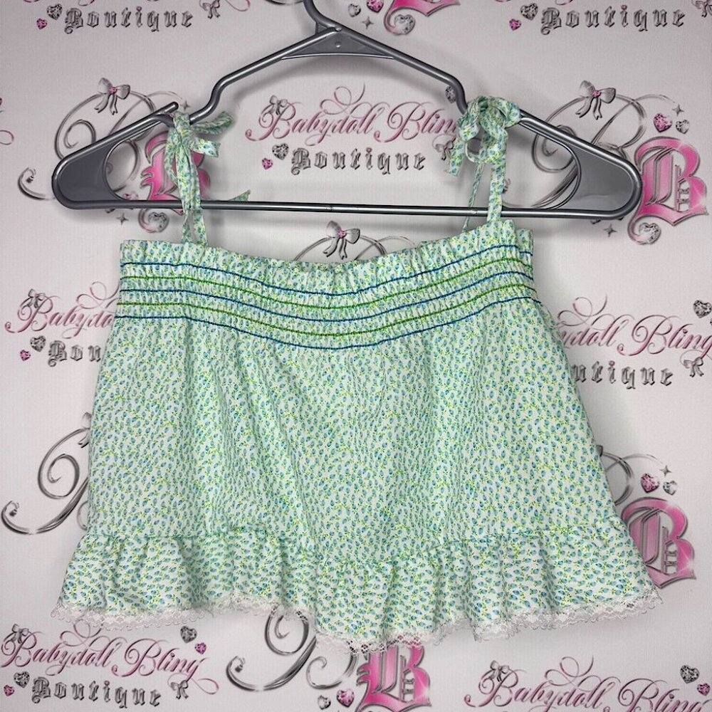 Little Beauty Original Green And White Smocked Tank Top Vintage Bow Ribbons